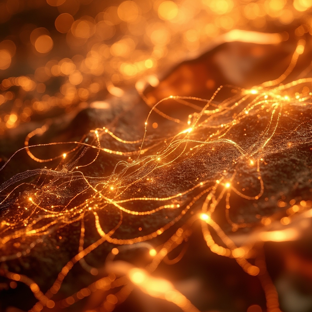 A high-quality, abstract macro photography shot of copper-colored metallic textures intertwined with soft, glowing light lines representing energy flow in the body.
