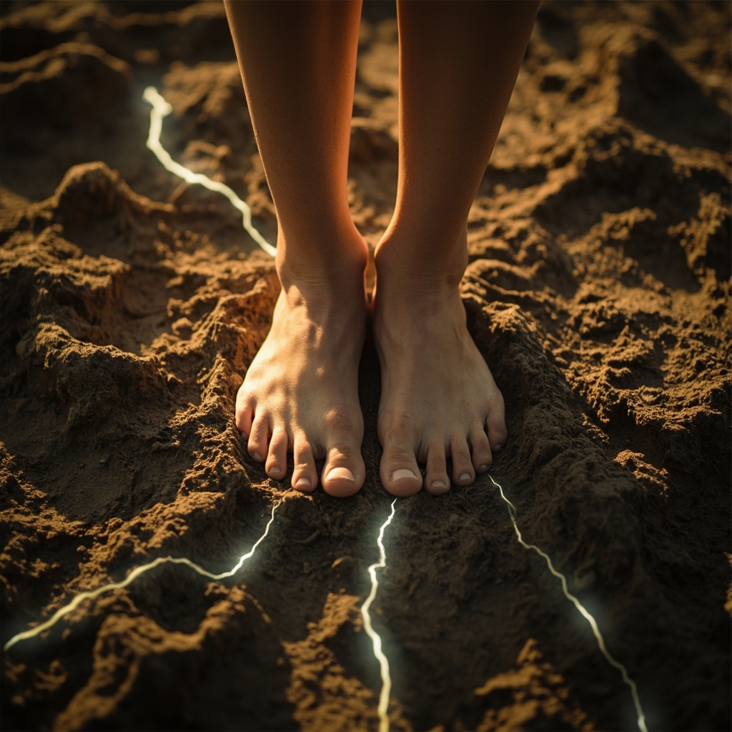 A high-quality, serene image of a person standing barefoot on natural, textured earth, with subtle glowing lines representing electrical flow lines connecting the feet to the ground, soft morning light, professional and calming aesthetic.