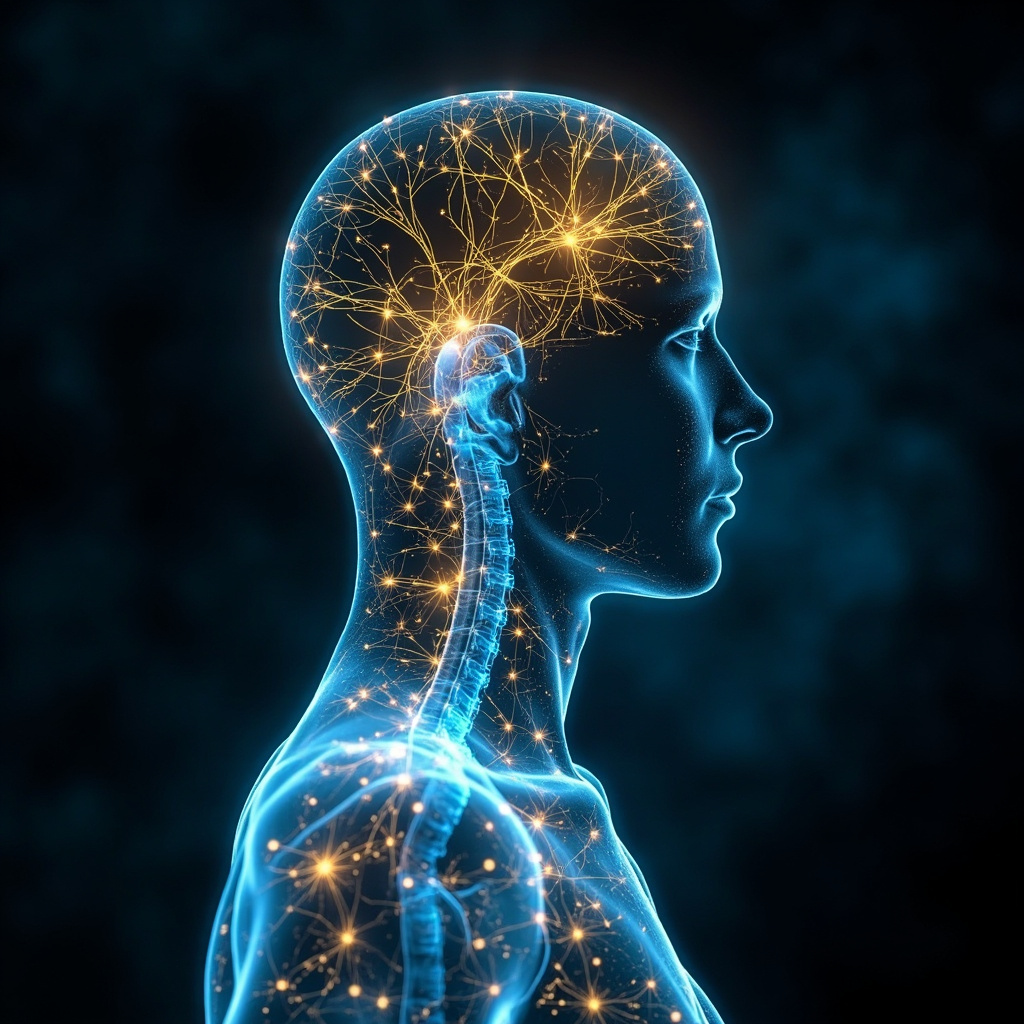 A high-quality, serene image of a glowing, abstract network of light representing the nervous system inside a human silhouette, soft blue and gold colors, professional and scientific aesthetic.