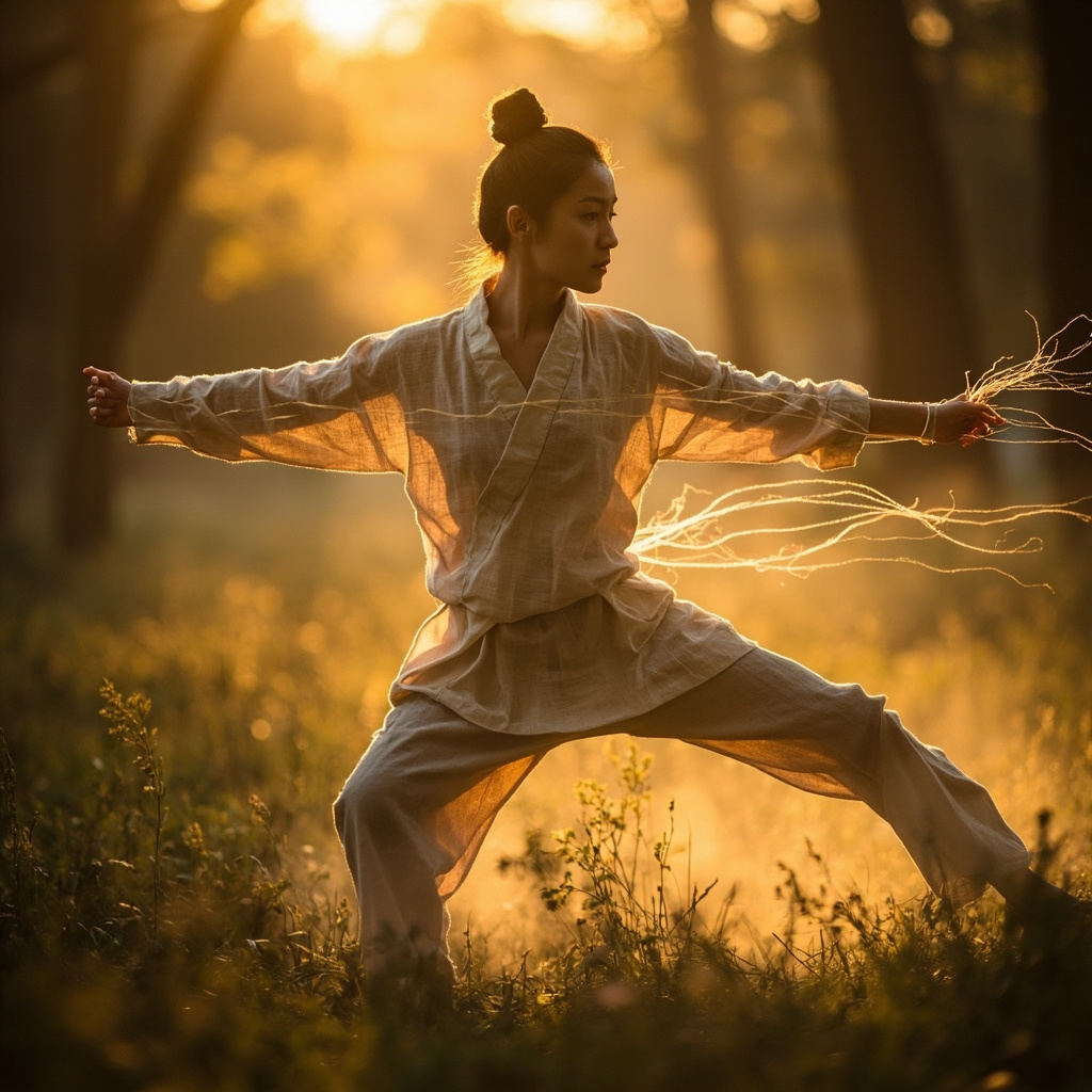 A high-quality, serene image of a person moving fluidly in nature, with subtle, glowing golden light lines representing energy flow along their limbs.