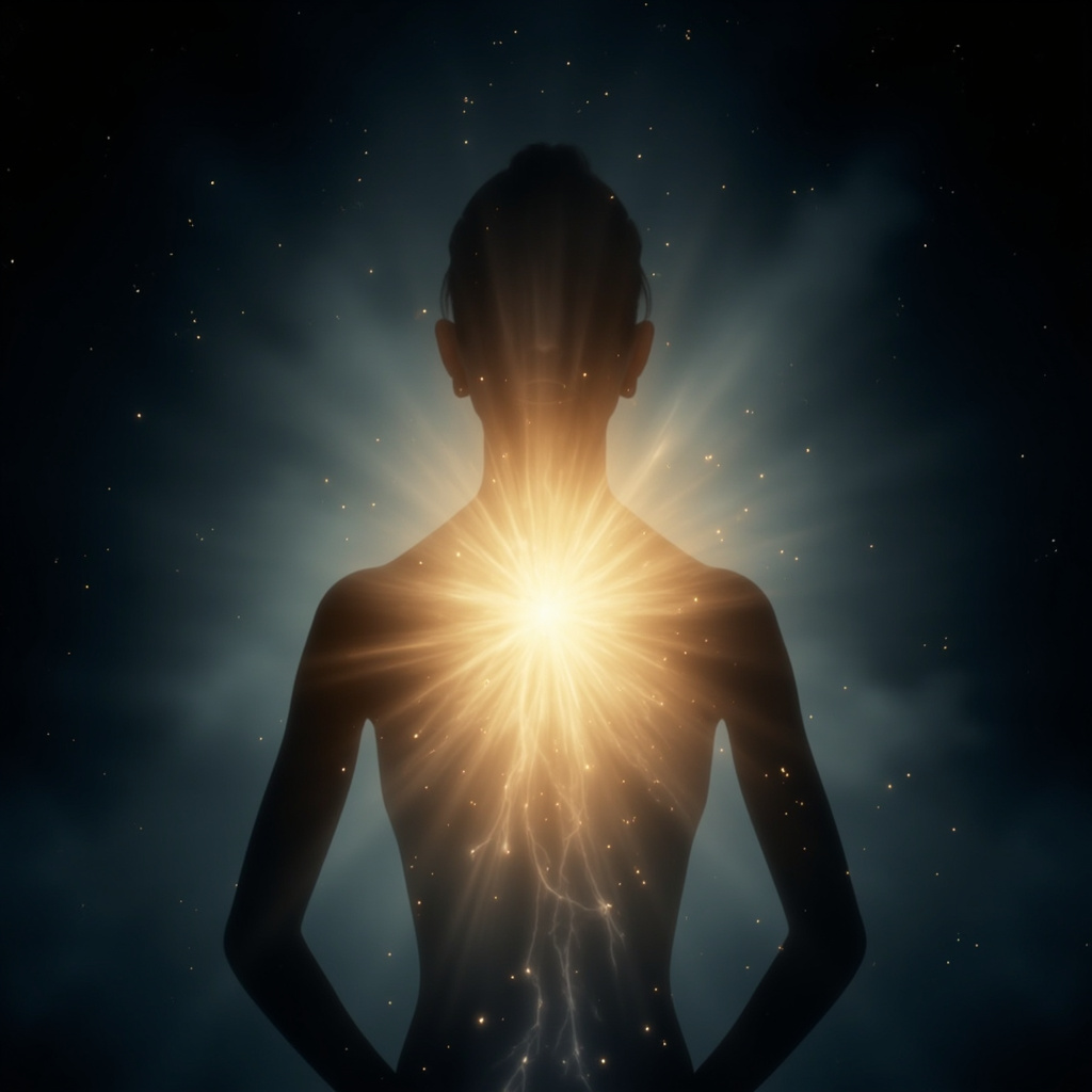 A high-quality, serene image showing a silhouette of a human body with glowing, harmonious light centered in the trunk area, representing energy flow and stability.