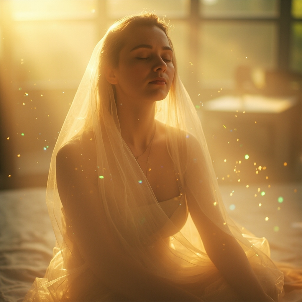 A soft-focus, serene image of a person sitting in a quiet, sunlit room, with a gentle, glowing light representing energy flow around their eyes and body.
