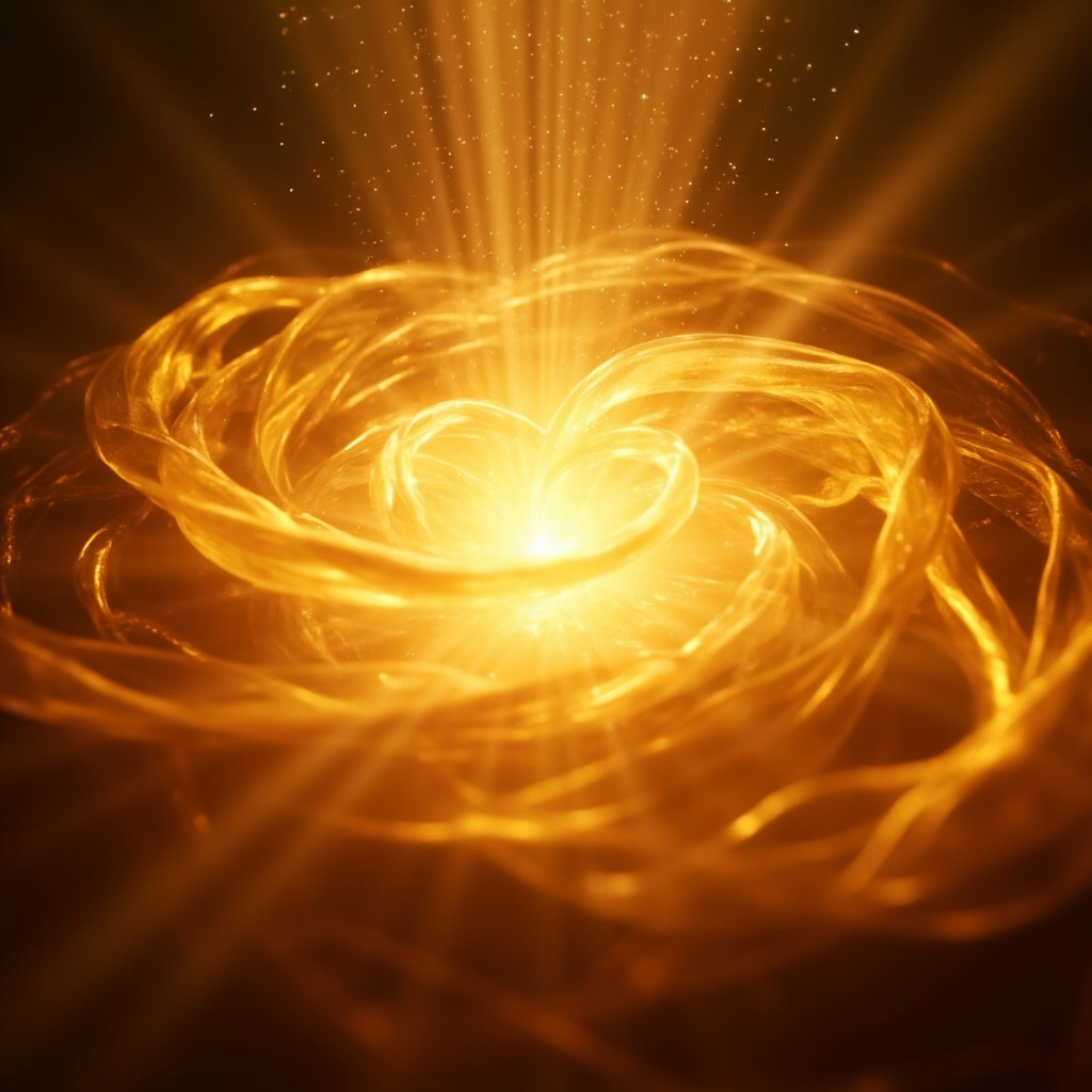 A serene, abstract digital art piece representing a heart center with soft, flowing golden light and rhythmic wave patterns, symbolizing harmony and emotional balance.