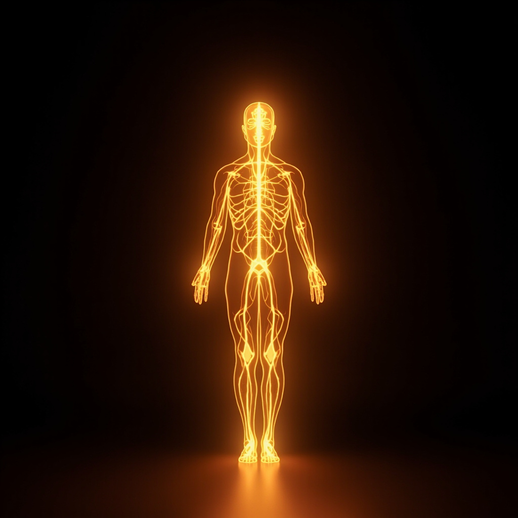 A high-quality, artistic render of a human silhouette with glowing, golden pathways representing healthy arterial flow, symbolizing energy and vitality.