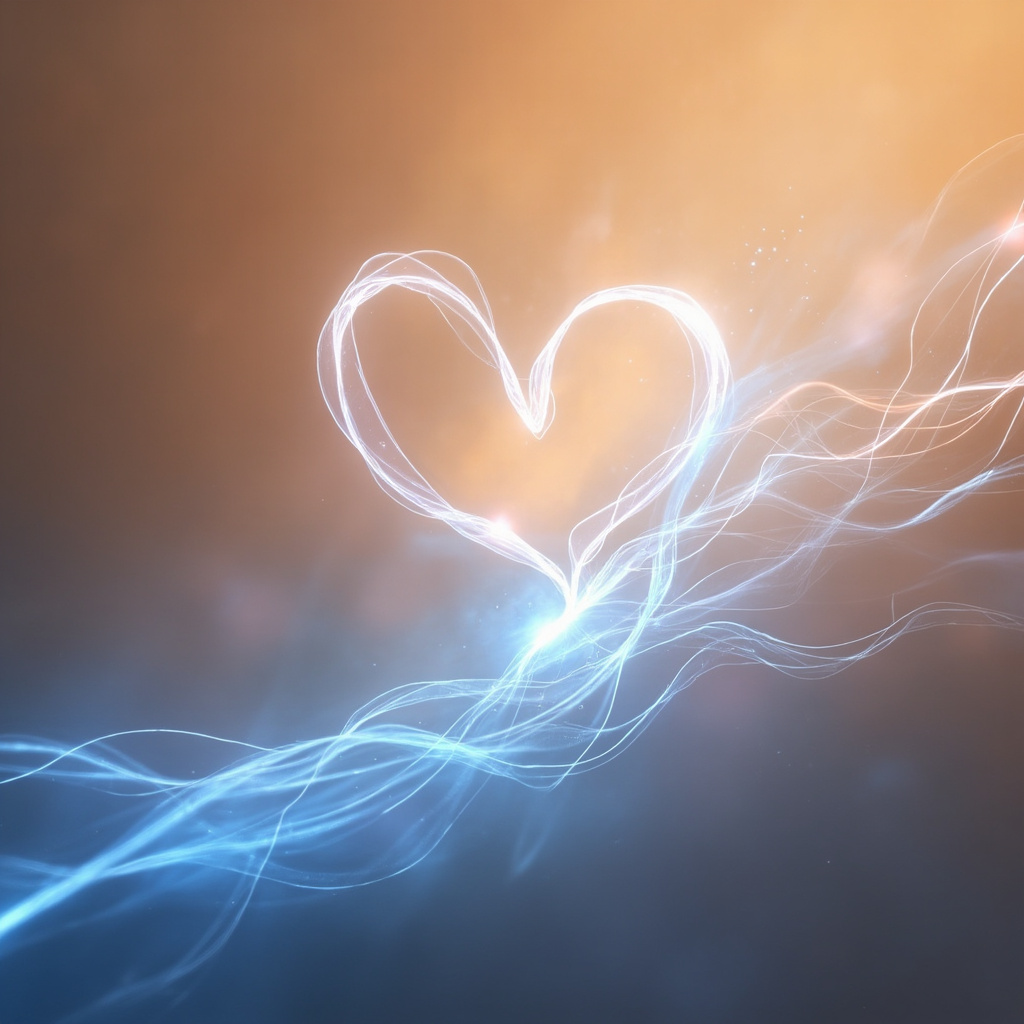A serene, abstract digital art piece showing soft, flowing blue and silver light pathways resembling veins, radiating from the left side of a stylized heart, set against a calm, warm background.
