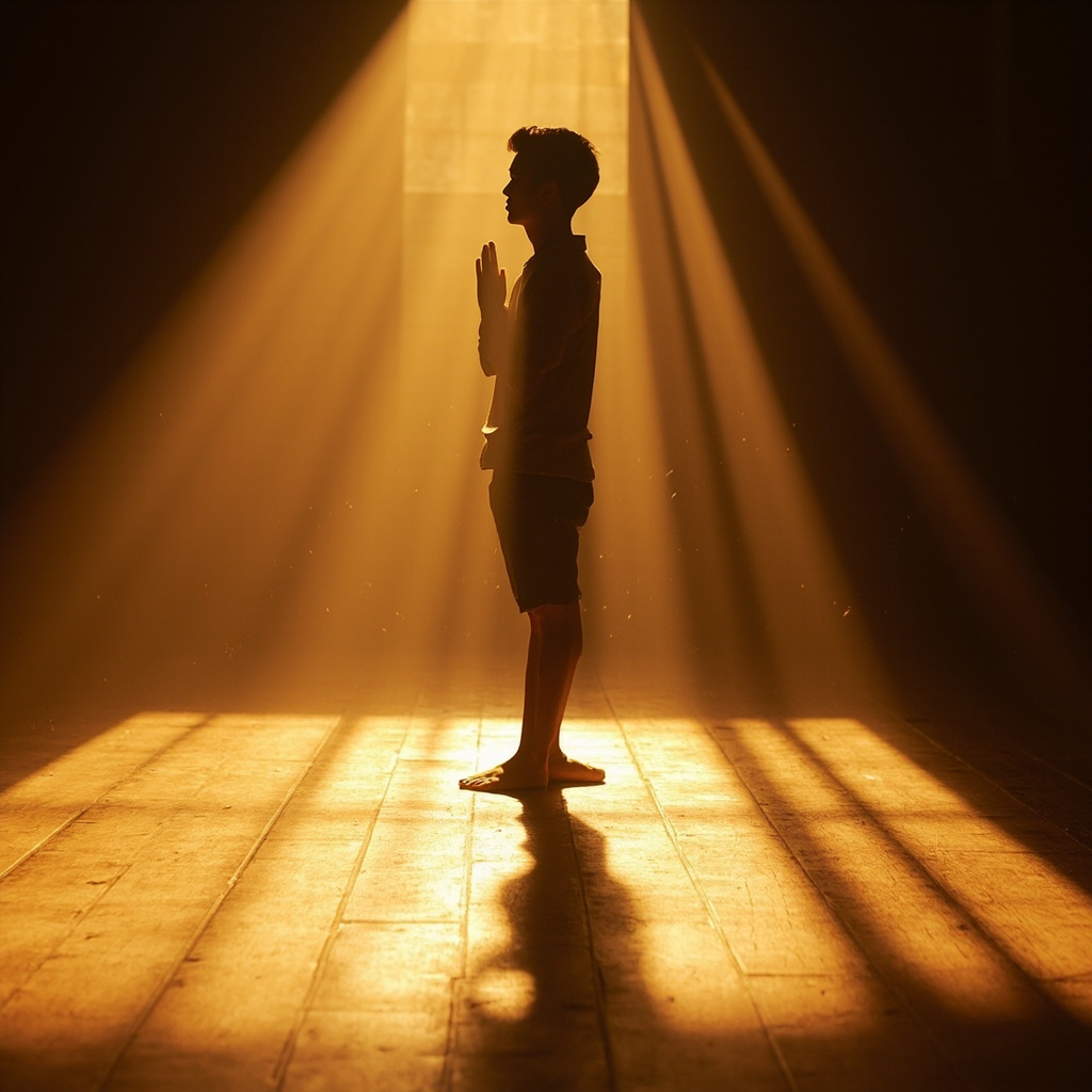 A serene, high-resolution image of a person standing mindfully on a wooden surface in a sunlit room, focusing on their posture and connection to the ground.