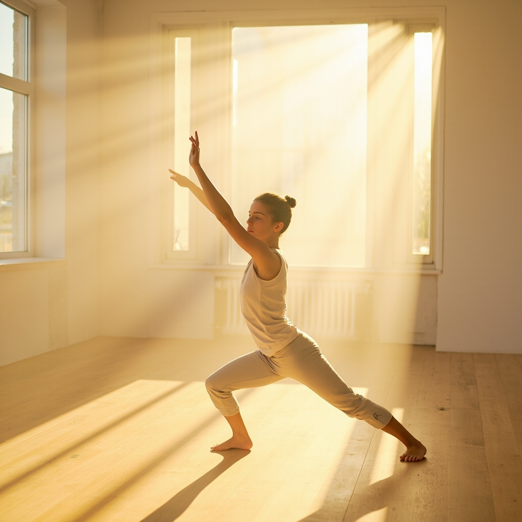 A high-quality, serene image of a person stretching gently in a sunlit, minimalist studio, focusing on the fluidity of movement and a sense of calm.