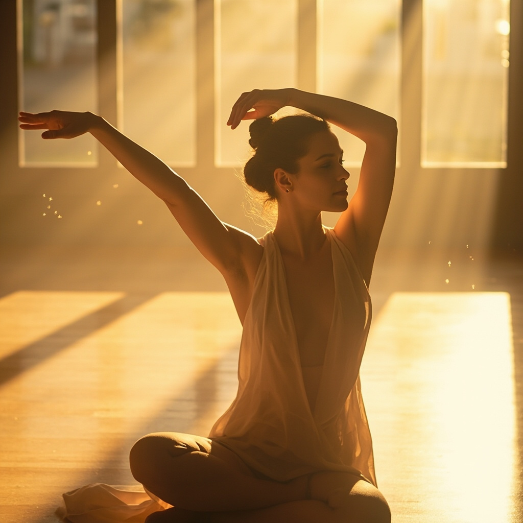 A high-quality, serene image of a person gently stretching their shoulder in a sunlit, peaceful room, focusing on the concept of fluid motion and inner balance.