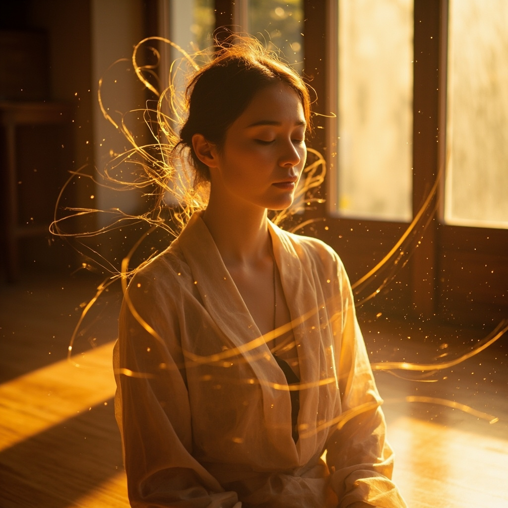 A calm, serene image of a person sitting in a peaceful, sunlit room, with subtle, glowing golden light patterns surrounding them to represent bio-electrical harmony.