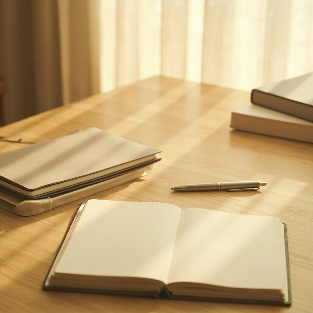 A high-quality image of a calm, organized workspace with soft, ambient lighting, symbolizing mental clarity and peace.