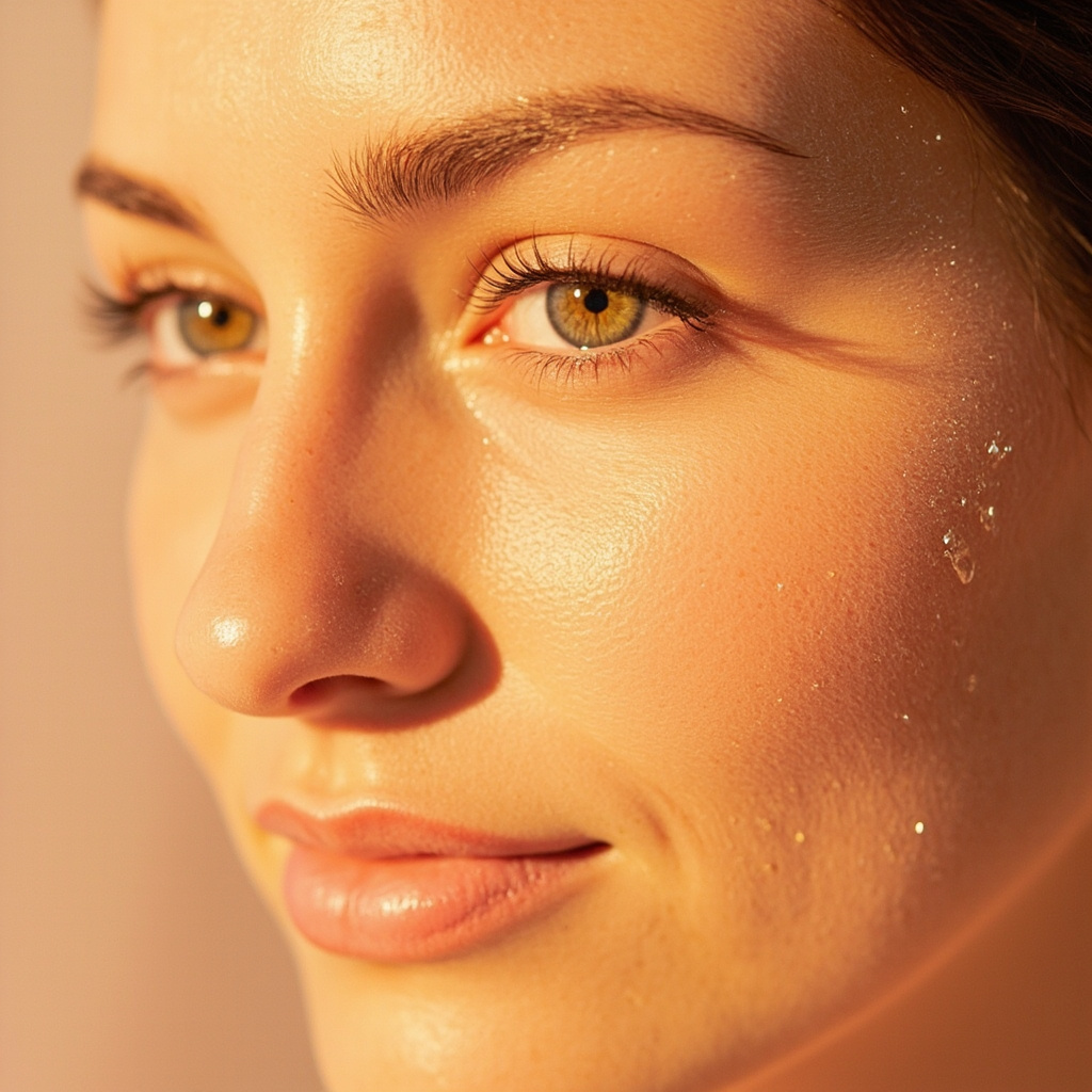 A macro photograph showing healthy, glowing skin texture with soft, natural lighting, symbolizing balance and harmony.