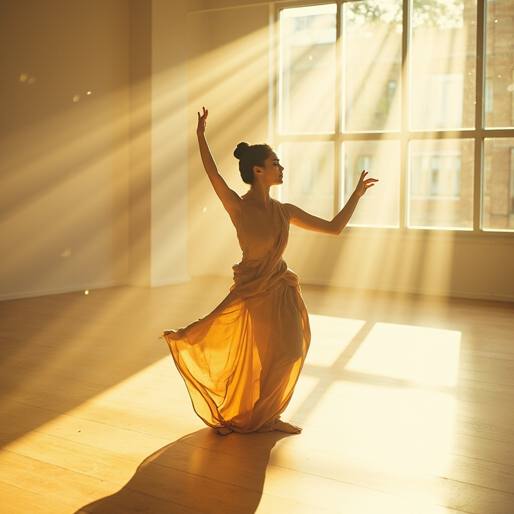 A serene, high-quality photograph of a person practicing mindful movement in a sunlit, minimalist studio, symbolizing the connection between energy, body, and balance.