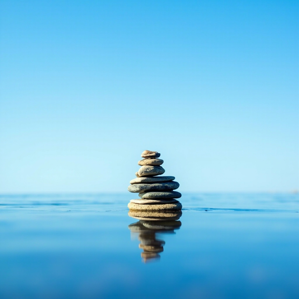 A high-quality, serene image of a balanced stone stack on a calm water surface, reflecting a clear blue sky, symbolizing inner order and mental clarity.