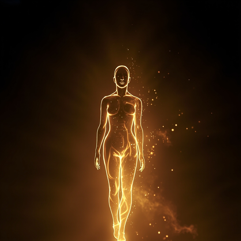 A serene, abstract digital art piece showing golden light waves flowing through a human silhouette, symbolizing muscle relaxation and energetic harmony.