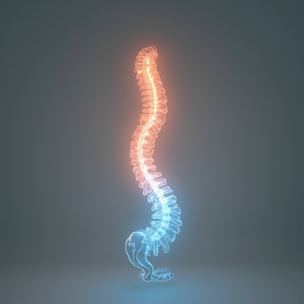A professional, minimalist illustration showing a glowing, subtle energy pathway running along the human spine, transitioning from a tense red color to a calm, vibrant blue, symbolizing the transition from stress to coherence.