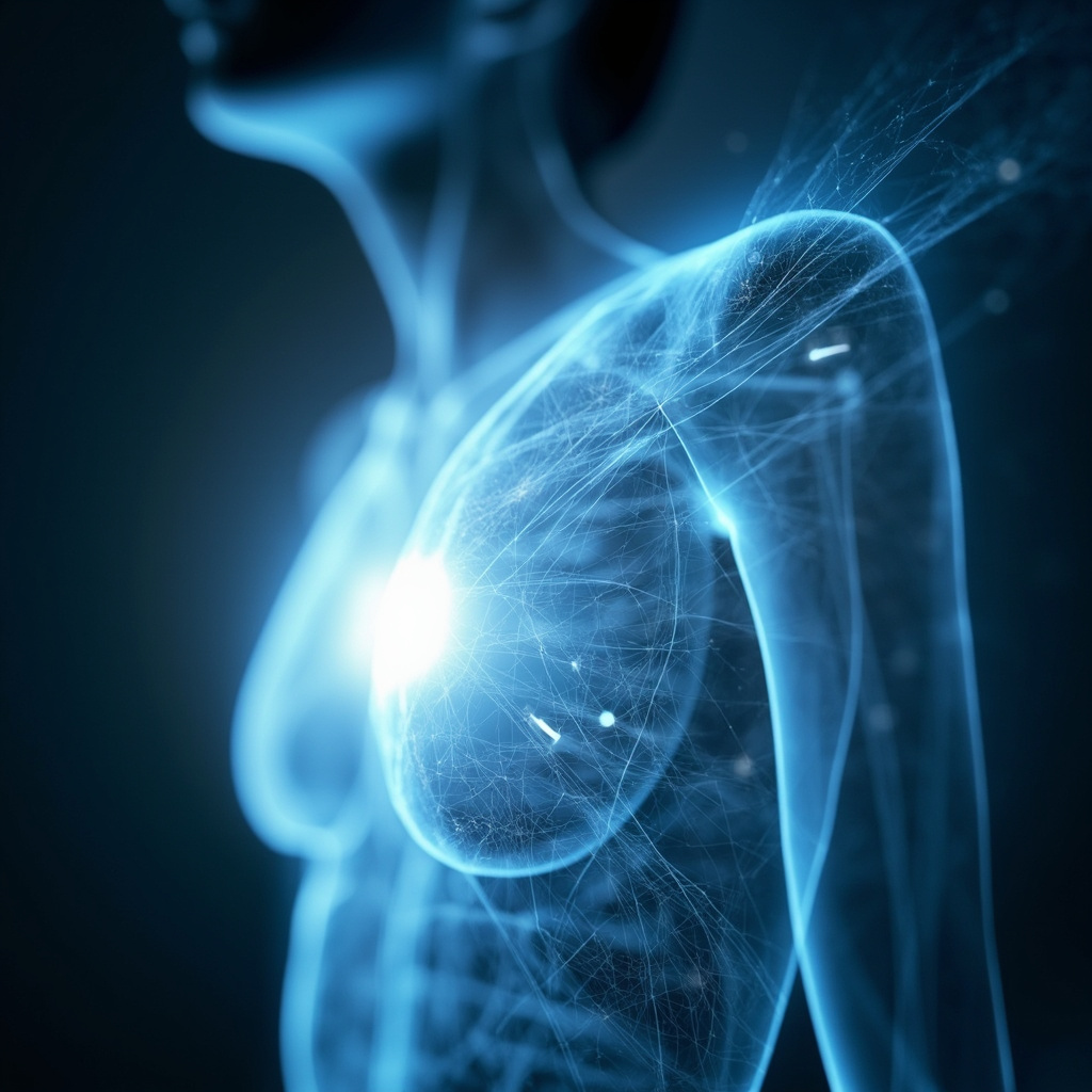 A serene, abstract visualization of human energy pathways in soft blue and white tones, focusing on the left side of the chest, high quality, medical art style