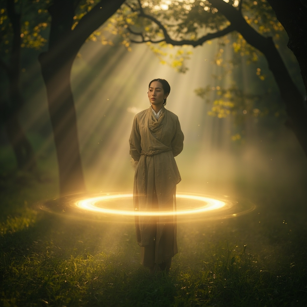 A high-quality, serene image of a person standing in a peaceful, natural environment, with a subtle, glowing, circular golden light visualization around their waist to represent the Belt Vessel.