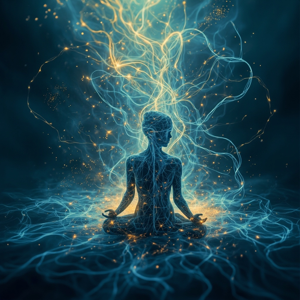 A calm, abstract visualization of a person sitting in a peaceful environment, represented by soft, flowing lines of light and blue and gold hues, symbolizing internal balance and energy flow.