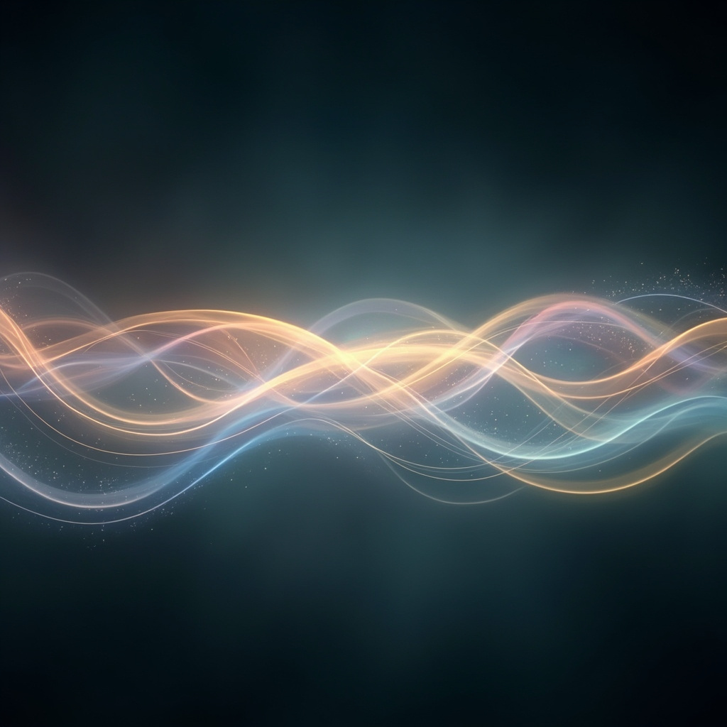 A serene, abstract visualization of balanced waves and light frequencies reflecting harmony and inner stability.