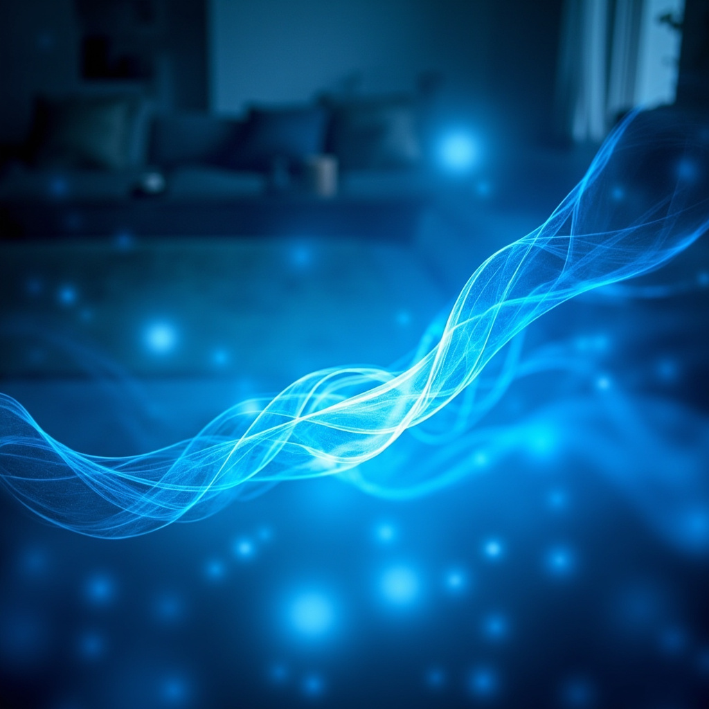 A serene, abstract visualization of human energy fields harmonizing with gentle, flowing blue light patterns beneath a peaceful home environment.