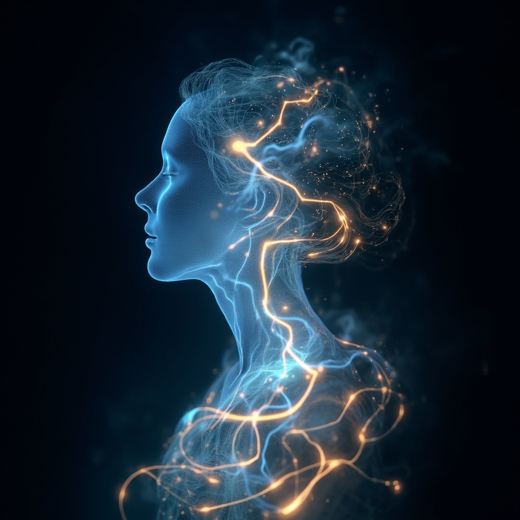 A serene, abstract visualization of flowing electrical light patterns forming a harmonious human silhouette, soft blue and golden hues, professional and calming aesthetic.