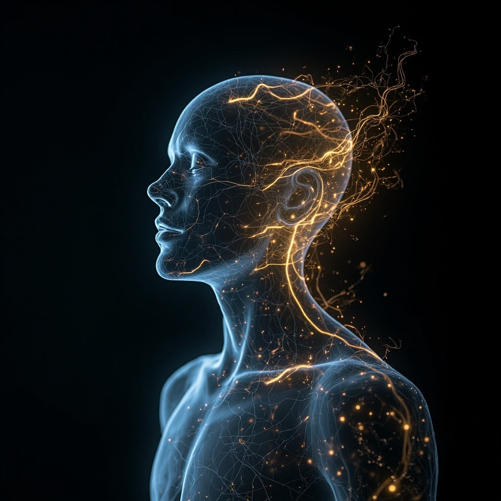 A serene, abstract visualization of glowing neural pathways and golden light frequencies flowing through a human silhouette, professional and calming aesthetic.
