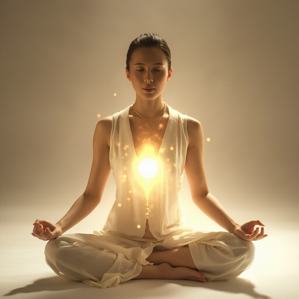 A professional, calming image of a person sitting in a relaxed, upright posture, with a subtle, glowing light visualization around the mid-spine area to represent energetic alignment.