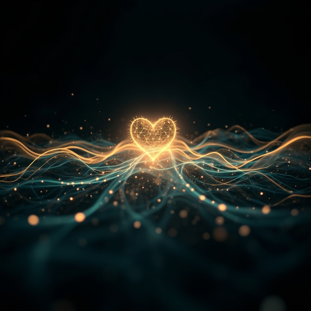 A high-quality, calm, and abstract visualization of human energy flow, represented by soft glowing light waves and neural-like structures, centered on a heart-shaped geometric pattern, professional and scientific aesthetic.