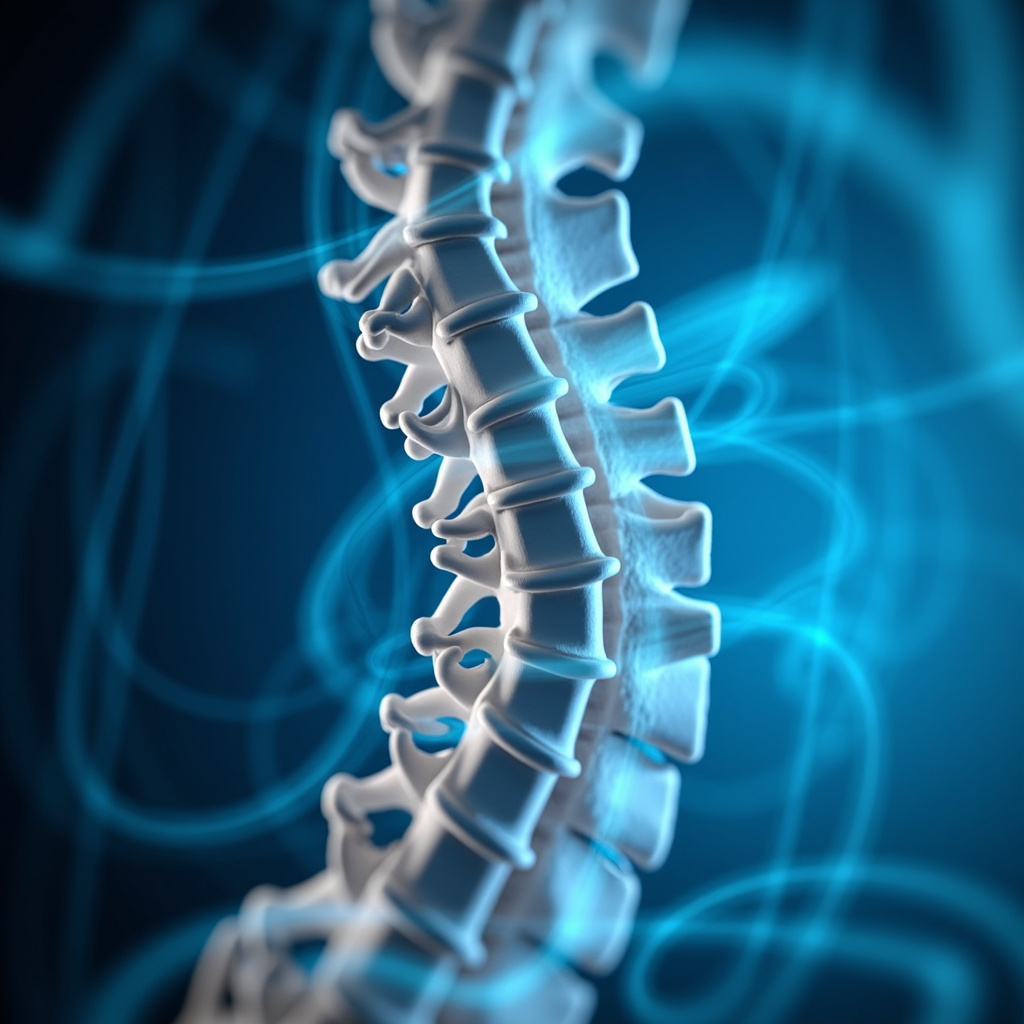 A high-quality, professional 3D medical visualization of a healthy human lumbar spine, focusing on the L4 vertebra with soft, glowing light lines representing energy flow, clean aesthetic, calming blue and white tones.