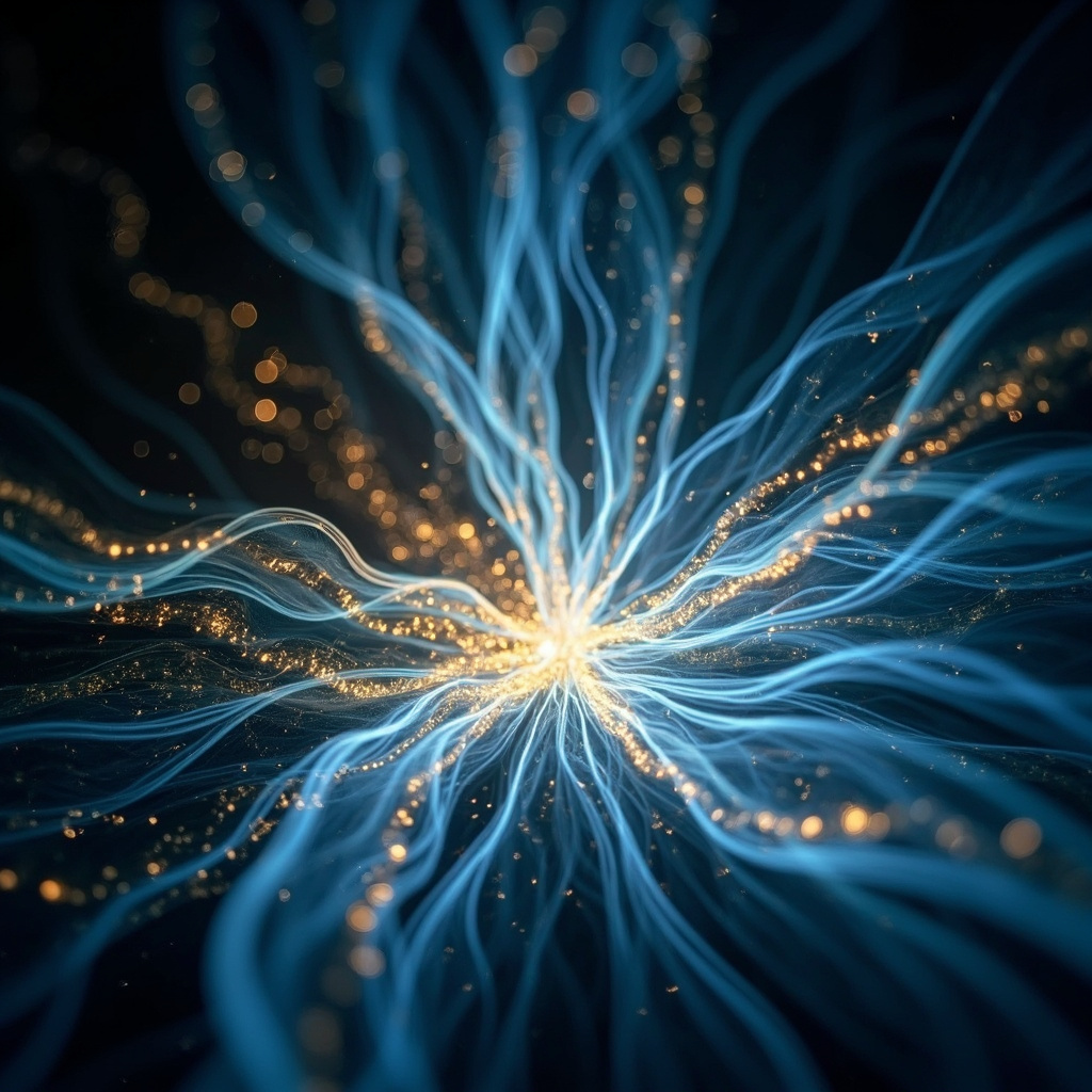 A serene, abstract visualization of glowing energy lines radiating from the throat and chest area, blending soft blues and golds to represent harmony and strength.