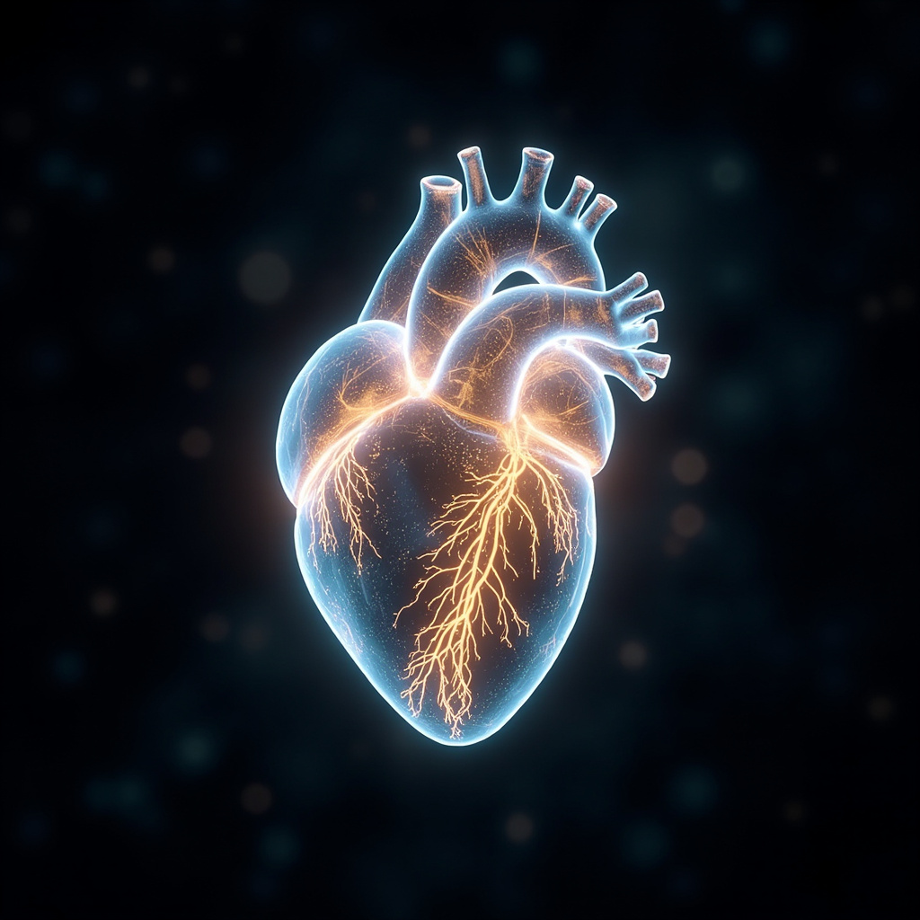 A serene, abstract visualization of glowing, rhythmic light pathways flowing through a human heart, representing energy and circulation.