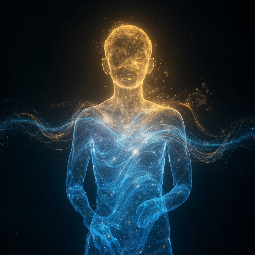 A calm, abstract visualization of human body energy fields glowing with soft blue and gold light, representing internal balance and coherence.