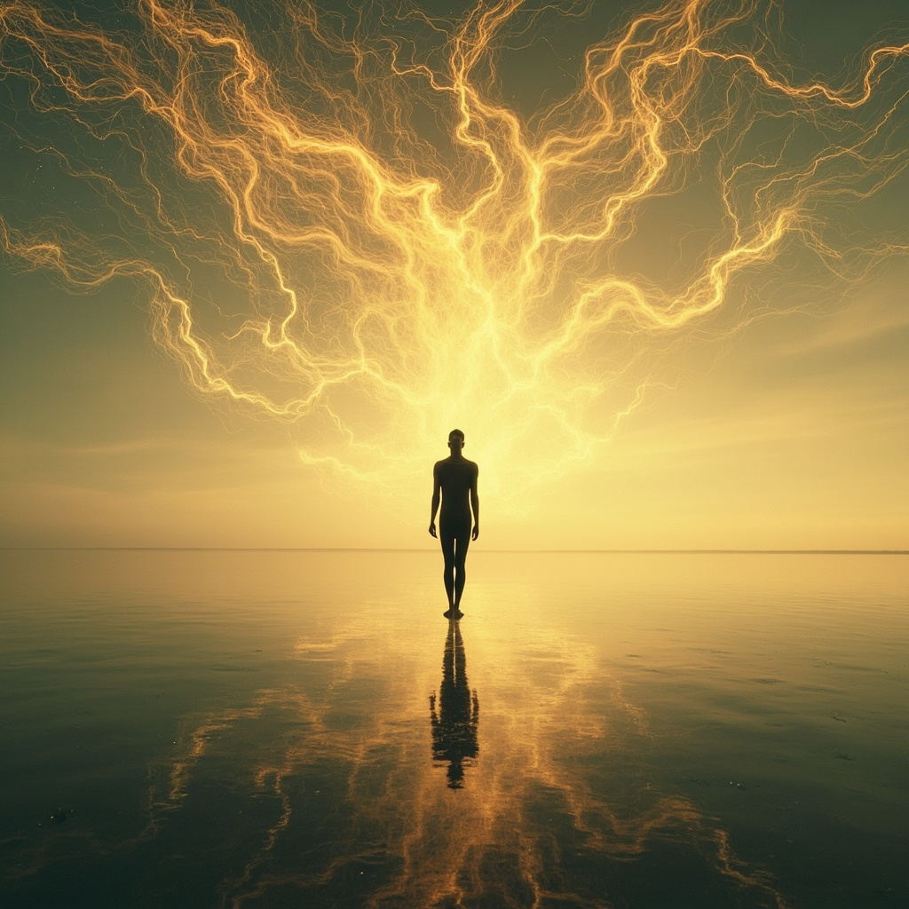 A serene, abstract visualization of flowing golden light patterns connecting a human silhouette to a calm, clear landscape, representing mental clarity and electrical harmony.