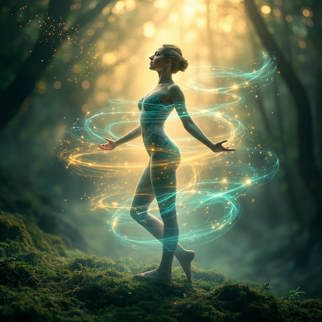 A serene, abstract visualization of a human silhouette surrounded by soft, glowing, harmonious patterns of light and energy, representing balance and recovery in a natural environment.