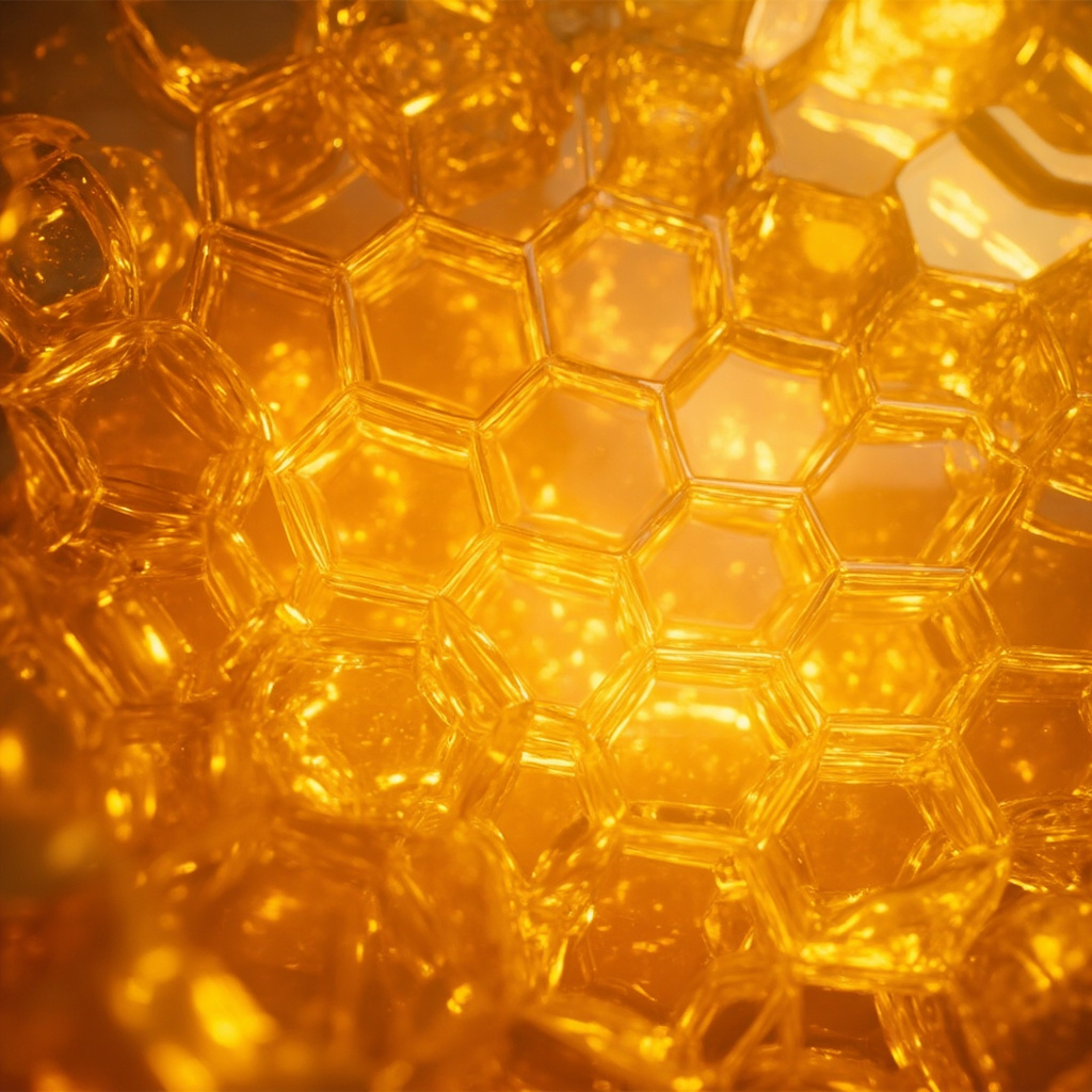 A serene, abstract visualization of glowing golden light patterns within a honeycomb-like structure, representing cellular harmony and vitality.