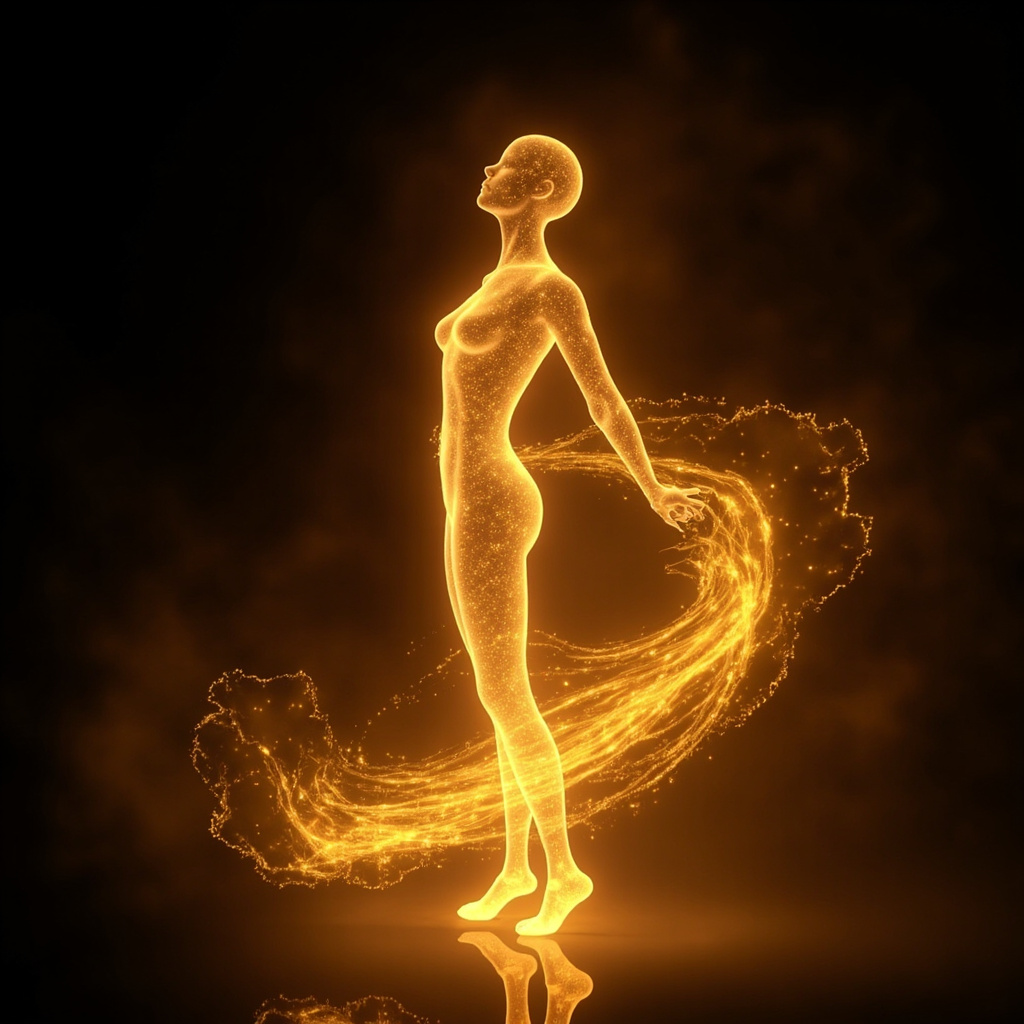 A serene, abstract visualization of flowing golden energy waves interacting with a stylized, glowing human silhouette, representing hormonal balance and internal harmony.