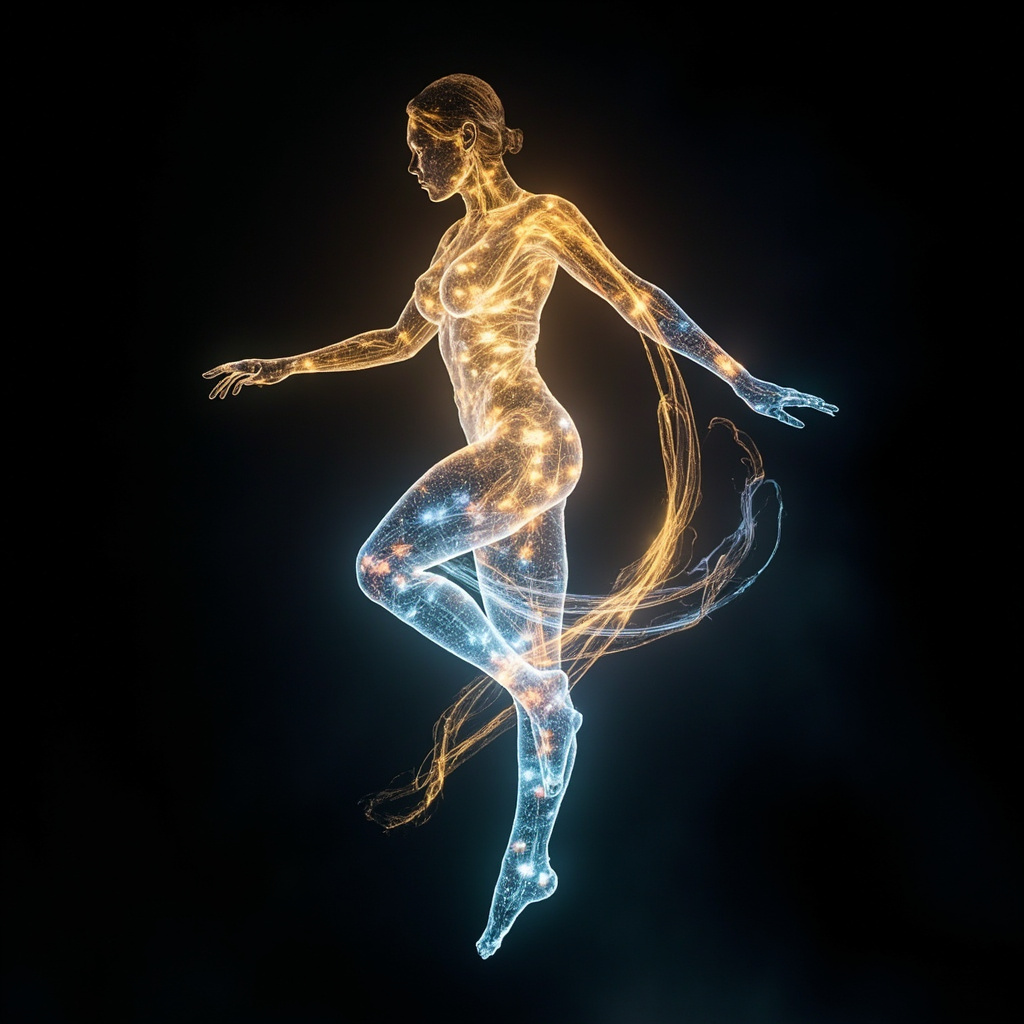 A serene, abstract visualization of light, fluid energy flowing through human limbs, representing balance, movement, and lightness.