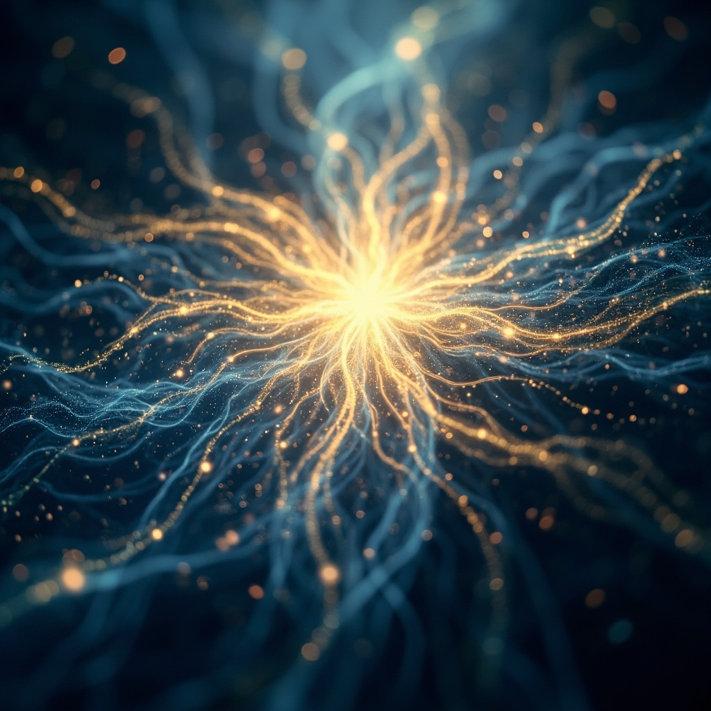 A serene, abstract visualization of glowing light pathways representing the flow of energy through the center of the chest, soft blue and gold tones, high quality, meditative atmosphere.