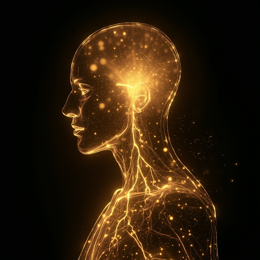 A serene, abstract visualization of glowing golden light pathways connecting the brain to the rest of the body, representing cellular regeneration and hormonal harmony.