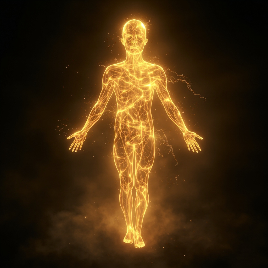 A serene, abstract visualization of glowing, flowing light pathways moving through the silhouette of human legs and hips, representing energy flow and bio-electrical harmony.