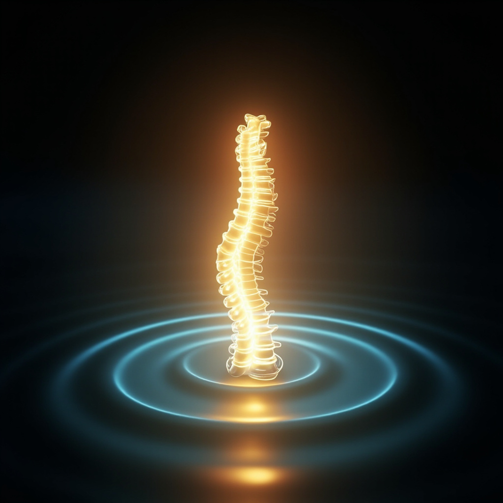 A serene, abstract visualization of a glowing, healthy spine in the mid-back region, surrounded by soft, harmonious light waves representing balance and structural support.