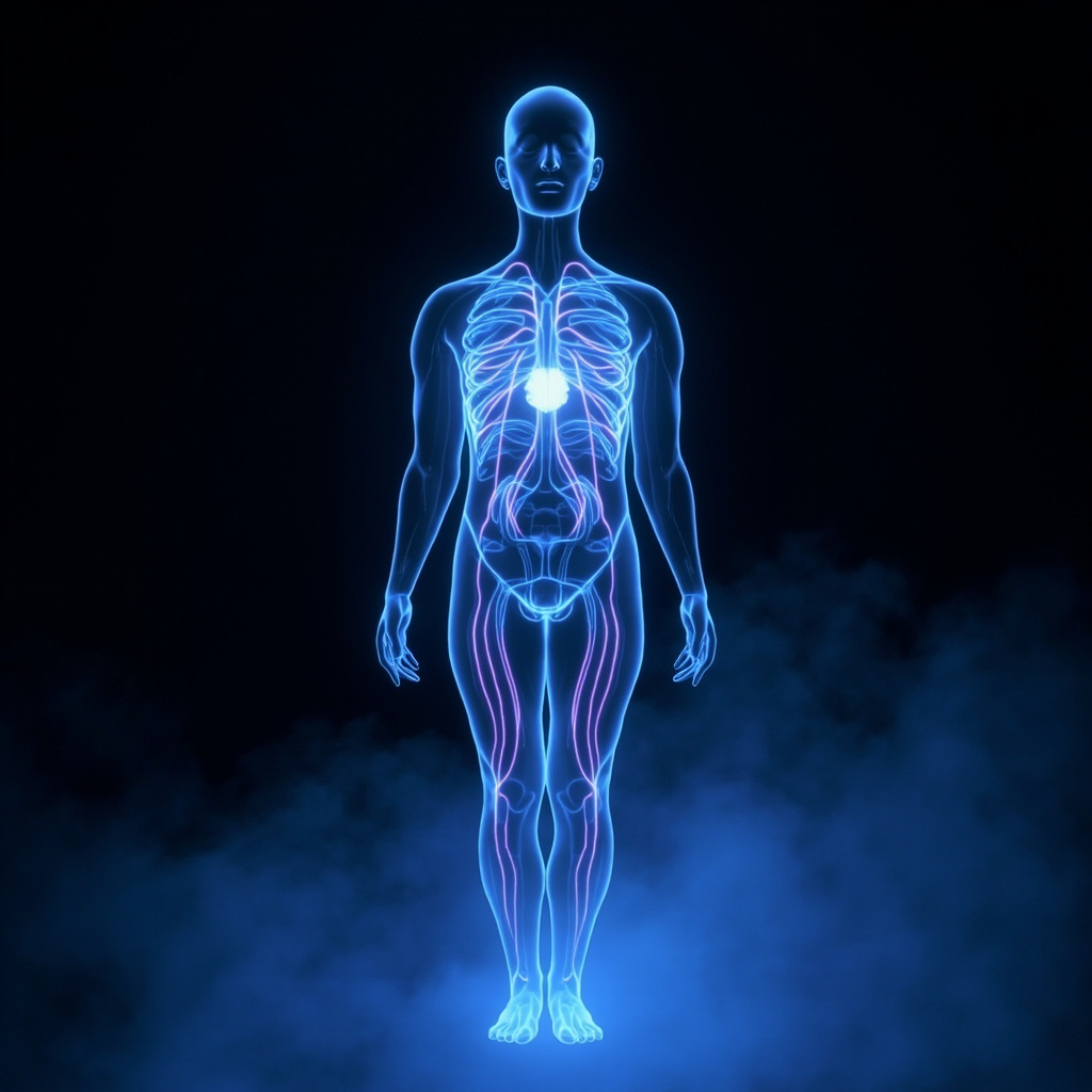 A serene, abstract visualization of glowing, rhythmic pulse waves moving through a human silhouette, representing the harmony of the autonomic nervous system and heart rate variability.