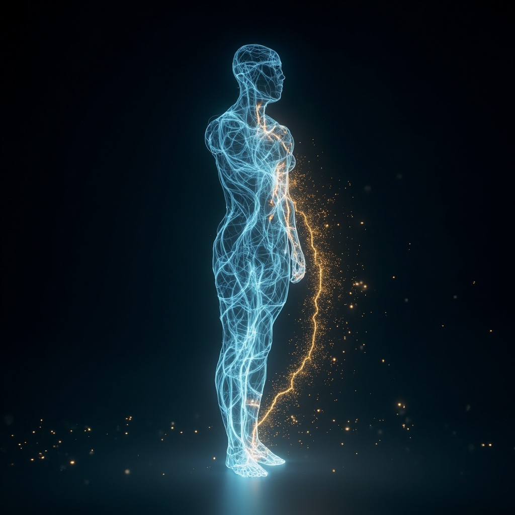 A serene, abstract visualization of flowing, luminous energy currents moving through a human silhouette, soft blue and gold tones, high resolution, minimalist style.