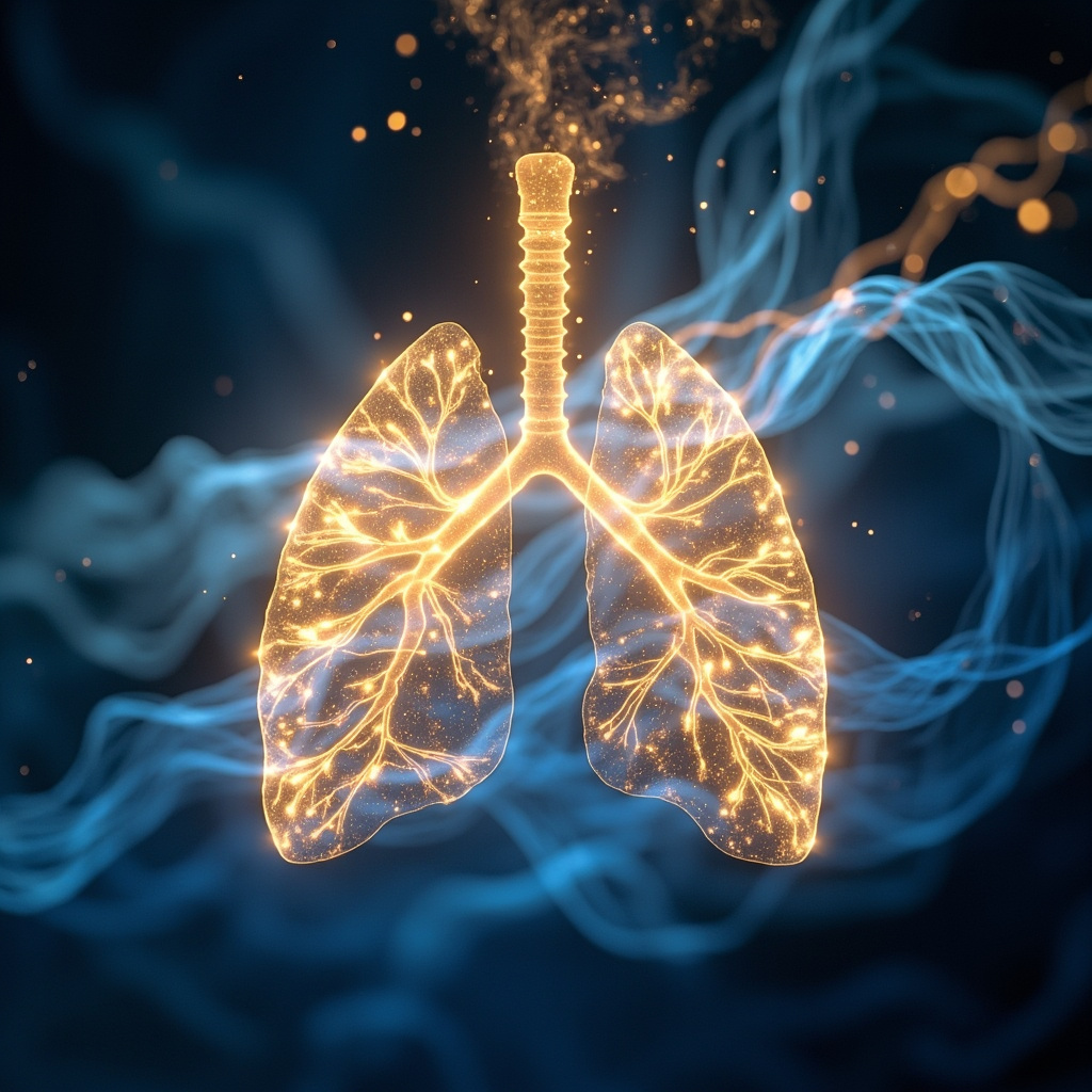 A serene, abstract visualization of glowing, light-filled lungs surrounded by soft, flowing energy currents in shades of blue and gold, high quality, meditative atmosphere.