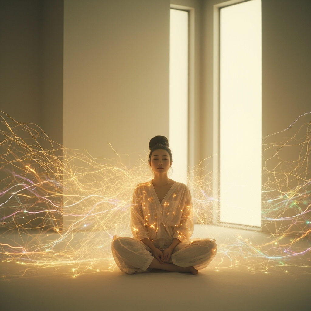A high-quality, serene photograph of a person sitting in a quiet, modern space, with a soft, glowing, abstract light visualization surrounding their body to represent internal electrical harmony.