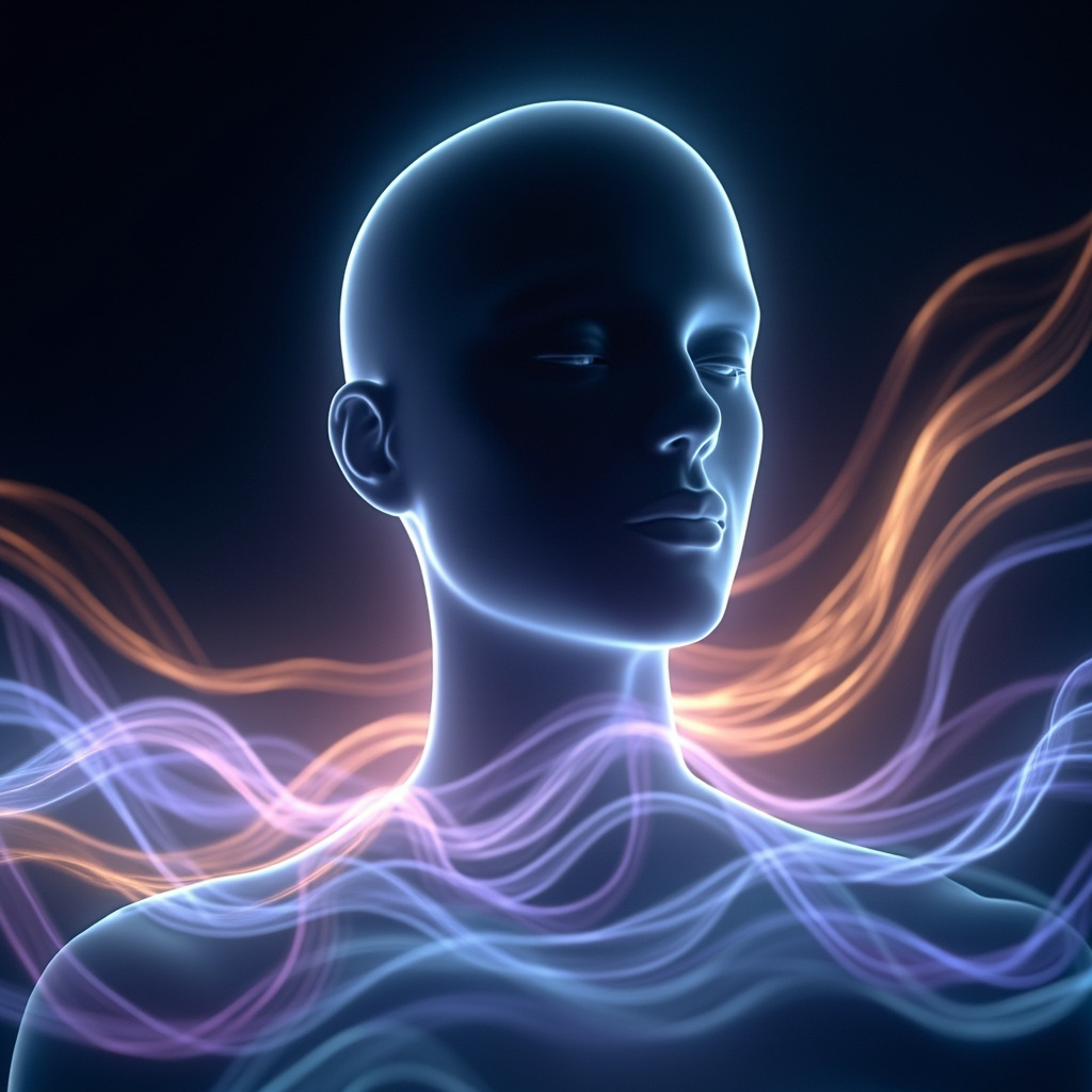 A serene, abstract visualization of soft, glowing light waves flowing gently around a human head and neck, symbolizing electrical harmony and deep relaxation.