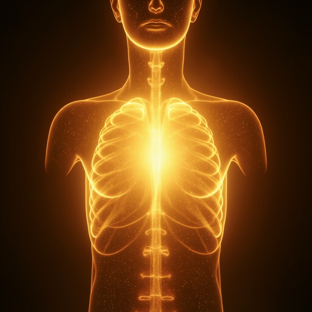 A serene, abstract visualization showing glowing, harmonious light waves flowing through a human silhouette, symbolizing internal electrical balance and calm.