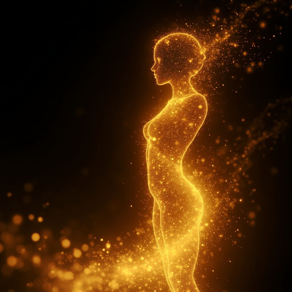 A serene, abstract visualization of flowing golden light particles forming a human silhouette, symbolizing energy restoration and internal balance.