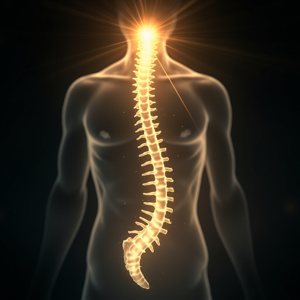 A serene, abstract visualization of the human spine with a glowing, resonant light focused on the mid-back area, symbolizing energy flow and stability.