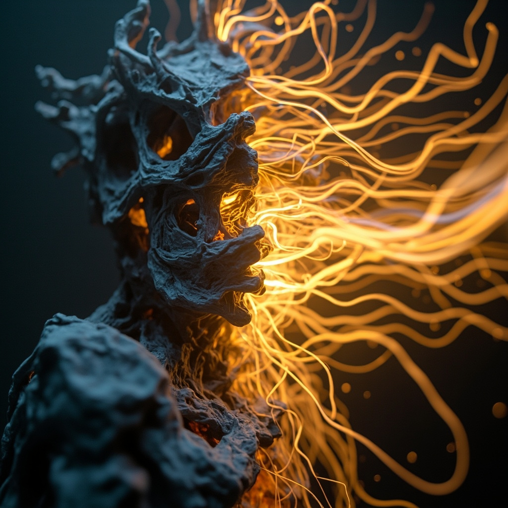 A calming, abstract visualization representing fluid, soft light moving through human muscle structures, transitioning from a rigid blue-grey to a soft, flowing golden amber.